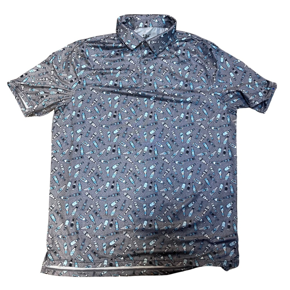 1764 Golf Polo Shirt Grey & Blue Bottles Sz Lg